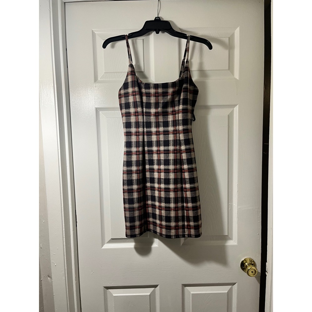 Papaya Plaid Mini Dress Brown Black Orange Square Neck Bodycon Small D5469‎